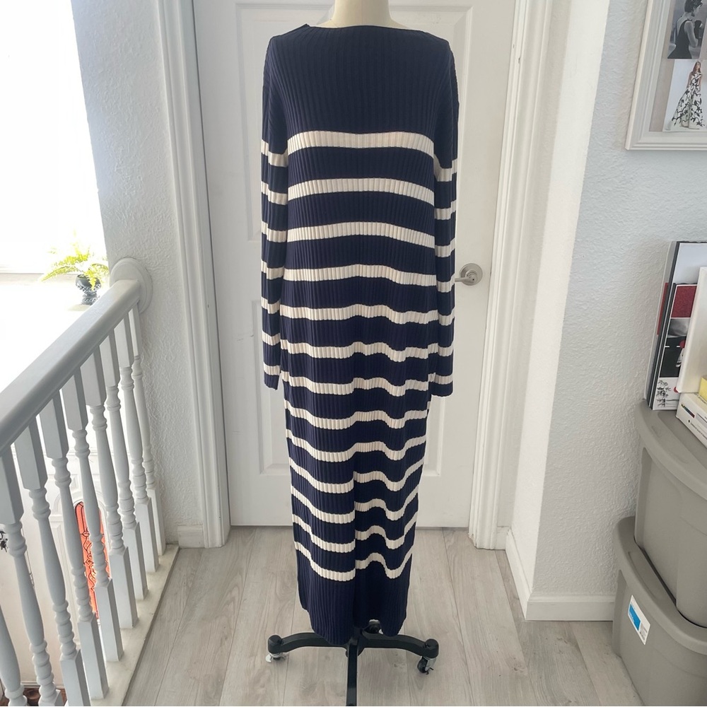 H&M long sleeve navy and white striped sweater dress.